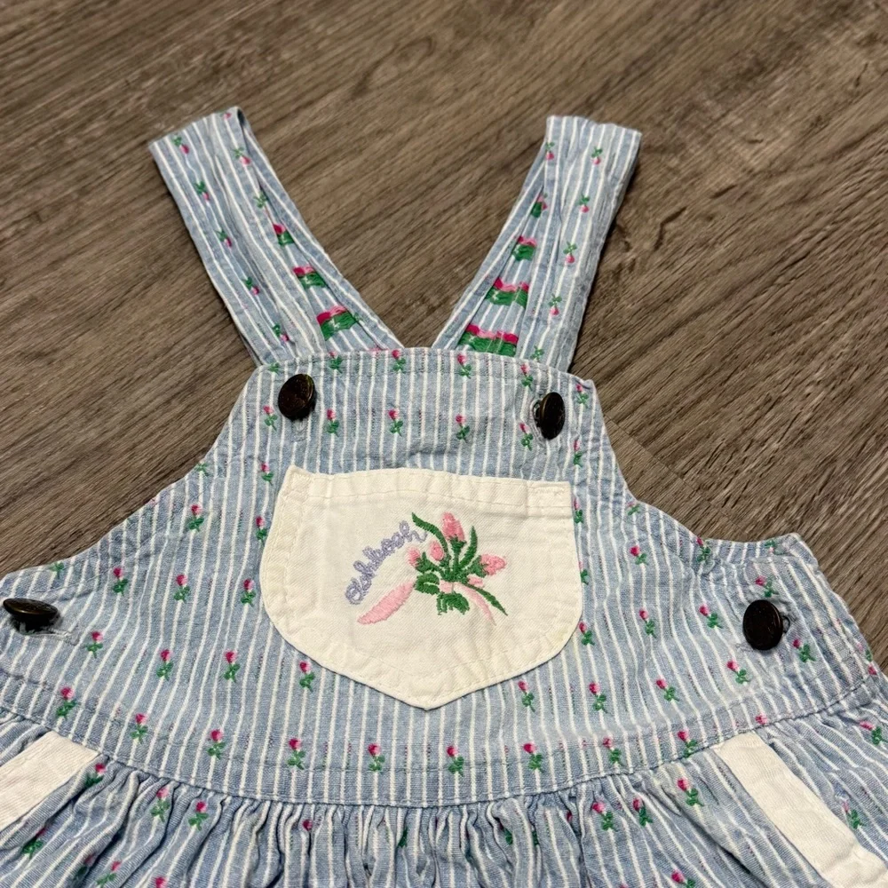 Vintage OshKosh Bgosh Girls 3T Striped‎ Seersucker Floral Jumper Dress Made USA